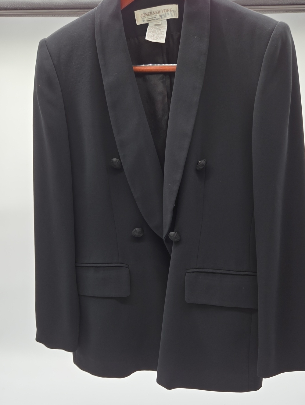 Jones New York Black Double-Breasted Tuxedo Blazer with Shawl Lapel